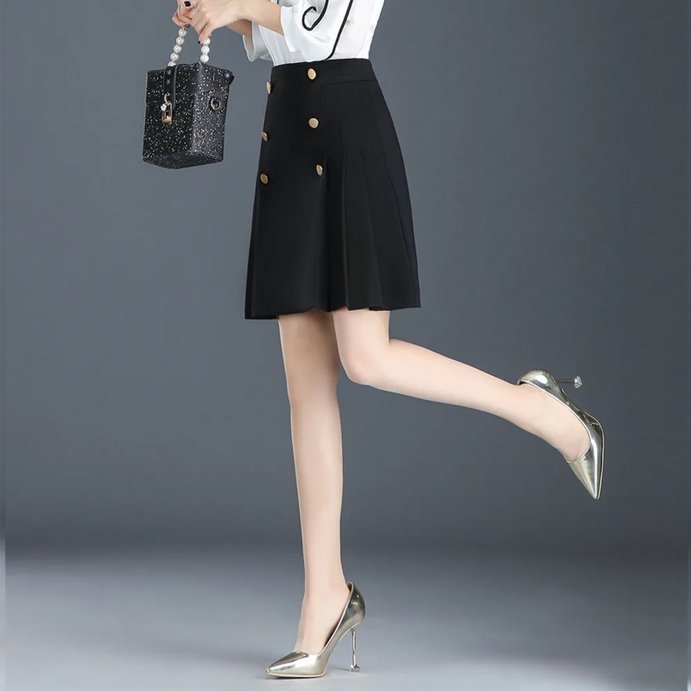 

Vintage Winter Casual Sweet Lady Women High Waisted Pleated Woolen Skirt Fall Female Woman 4XL Black Double Breasted Wool Skirts