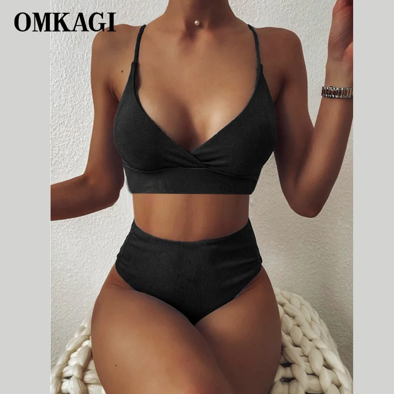 

OMKAGI Women Swimsuit Ribbed High Waist Solid Black White Push Up Bikini Sets 2021 Swimwear Female with Padded Bathing Suit