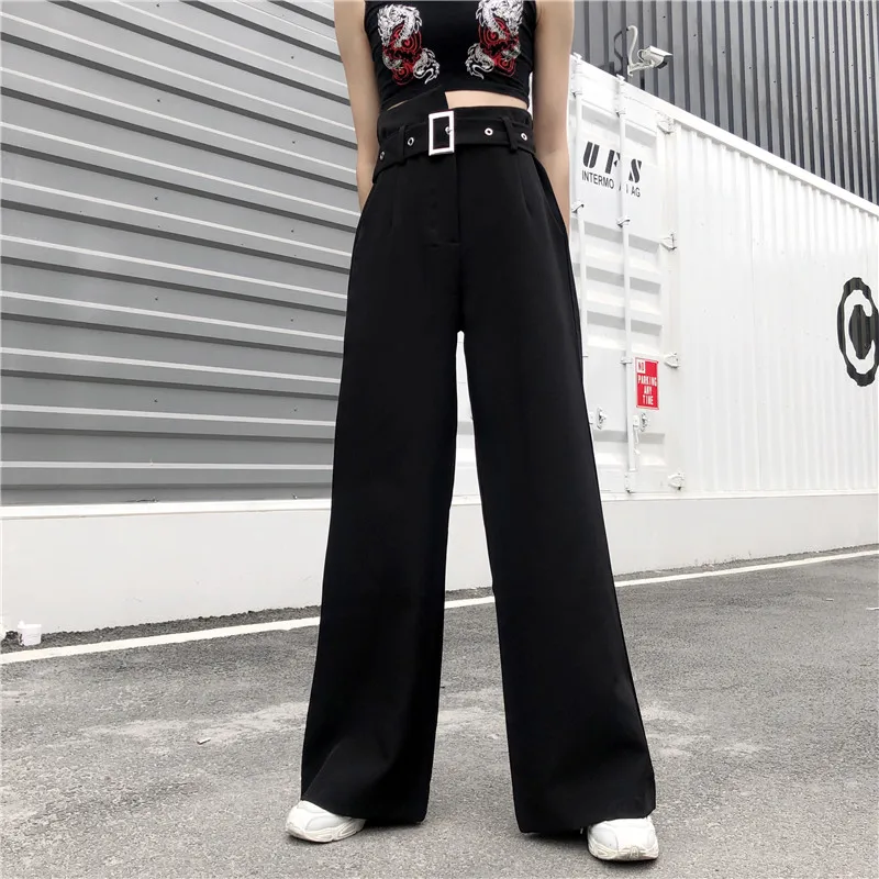 

Summer Autumn Black Suit Pants For Women Loose High Waist Drape Long Trousers Street Style Casual Women's Pants With Belt