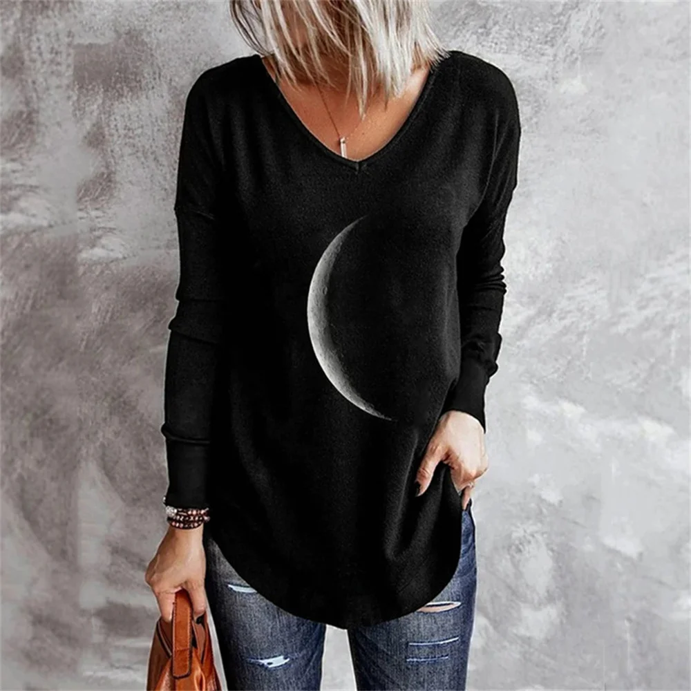 

All-Match Casual Fashion T-Shirt 2022 Spring Autumn New Women's V-Neck Pullover Printing Loose Long-Sleeved Bottoming Shirt Tops
