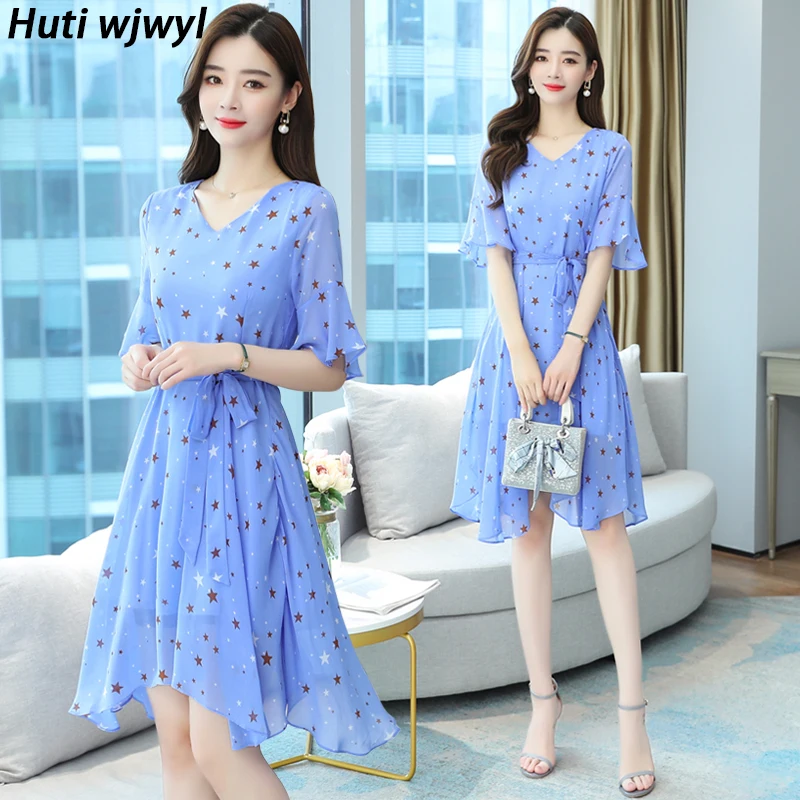 

Женское шифоновое платье-миди с цветочным принтом, повседневное элегантное облегающее платье с винтажным принтом звезд для пляжа и вечерин...