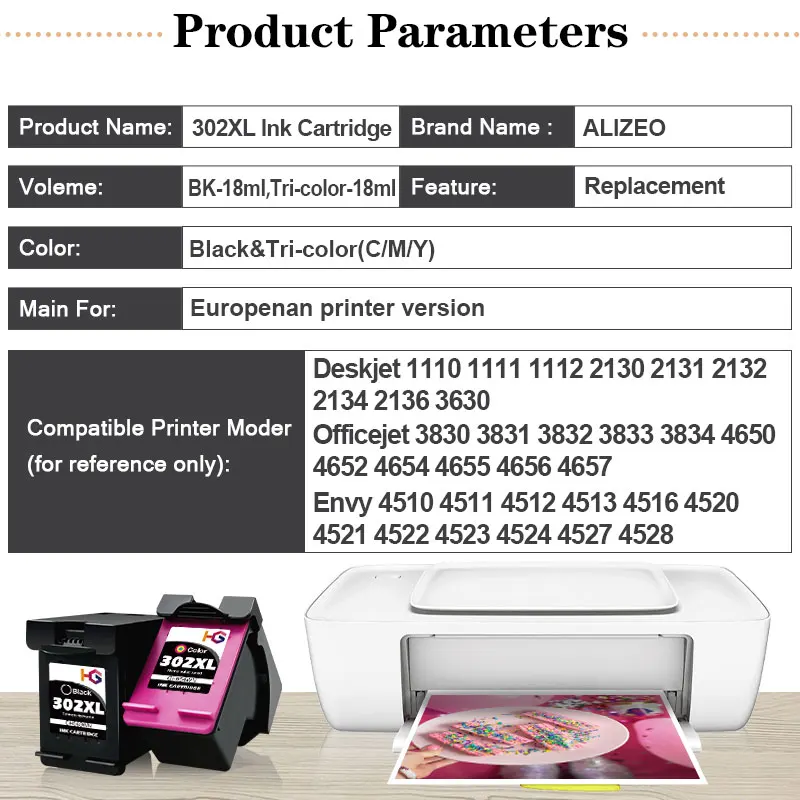 Набор из 4 сменных картриджей Alizeo для HP 302 XL hp 302xl Deskjet 2130 3630 ENVY 4520 Officejet 4650 |