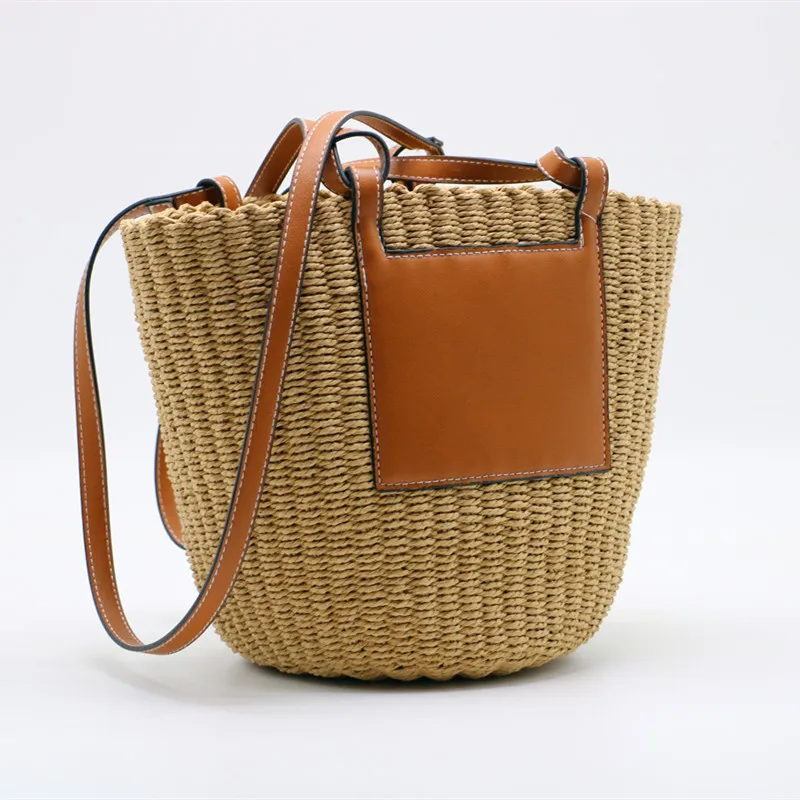 

2021 NEW Handmade One-shoulder Straw Woven Bag Large Capacity Bucket Bags Lady Travel Purses and Handbags Beach Bag for Women