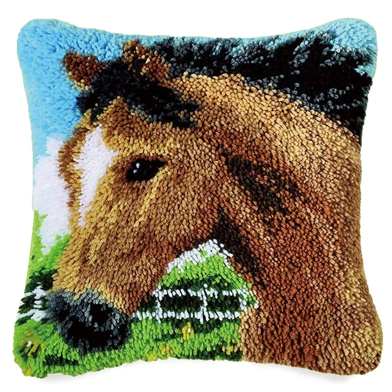 

Latch Hook Kit Pillow Cover DIY Crochet Yarn Kits Hooking Pillow Cover for Adults and Kids 16.5inch x 16.5inch (Horse)