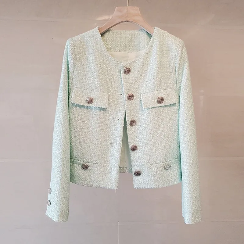 

New Runway High Quality Single-Breasted Frayed Tweed Jacket Coat Women's Sequins Pocket Design Outerwear Casual Casaco Femme