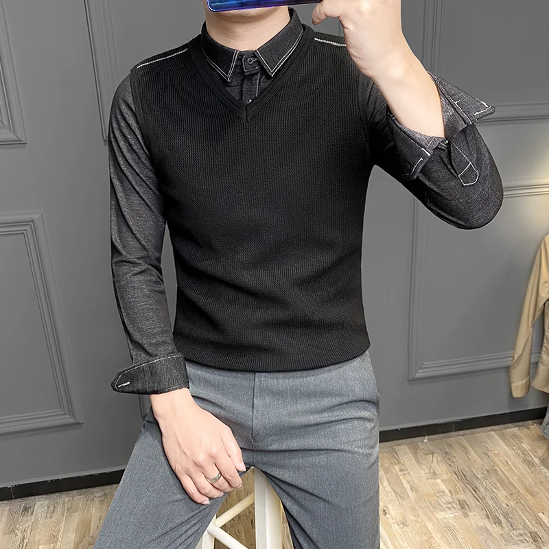 

Мужские осенние модные брендовые облегающие трикотажные топы 2021, мужские повседневные пуловеры с имитацией двух соединенных предметов с д...