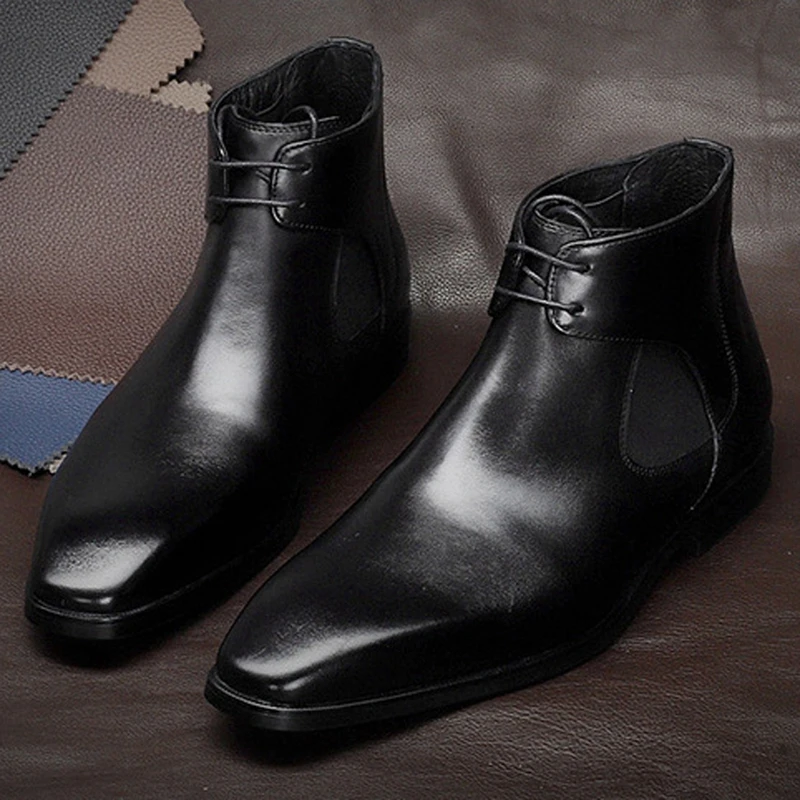 

New Genuine Leather Handmade Formal Dress Man Chelsea Ankle Boots Square Toe Laces Men's Chukka Cowboy Riding Shoes SG283
