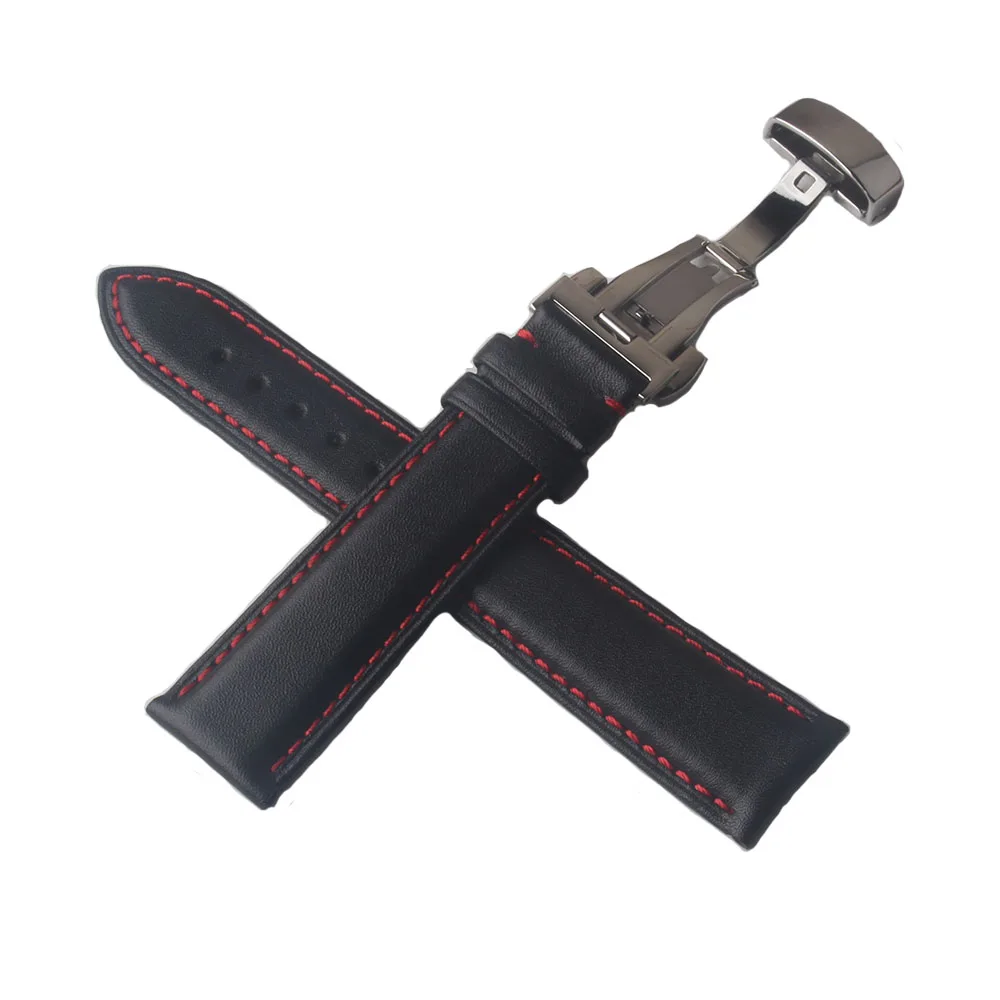 

Genuine Leather Watchband Black With Red stitched Line Watch strap 20mm 22mm High Quality soft smooth leather band strap fashion