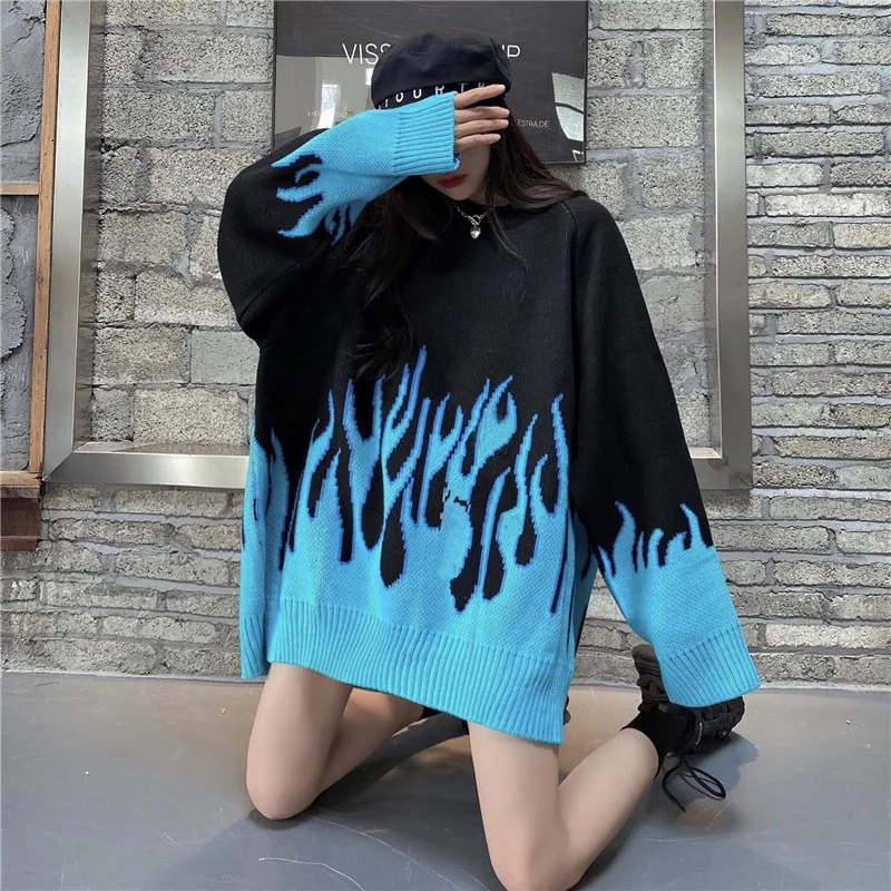 

Sweater Women Streetwear Retro Flame Pattern Hip Hop Autumn Pull Over Spandex O-neck Oversize Couple Casual Women Sweaters