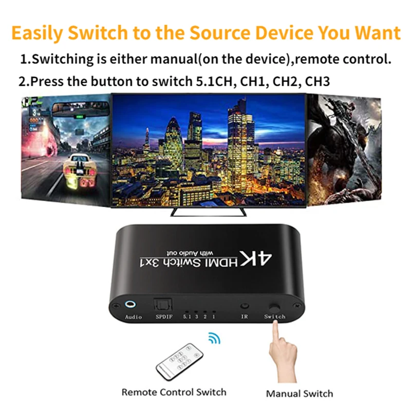HDMI коммутатор 3x1 4K Аудио экстрактор с удаленным аудио Out3 в 1 переключатель