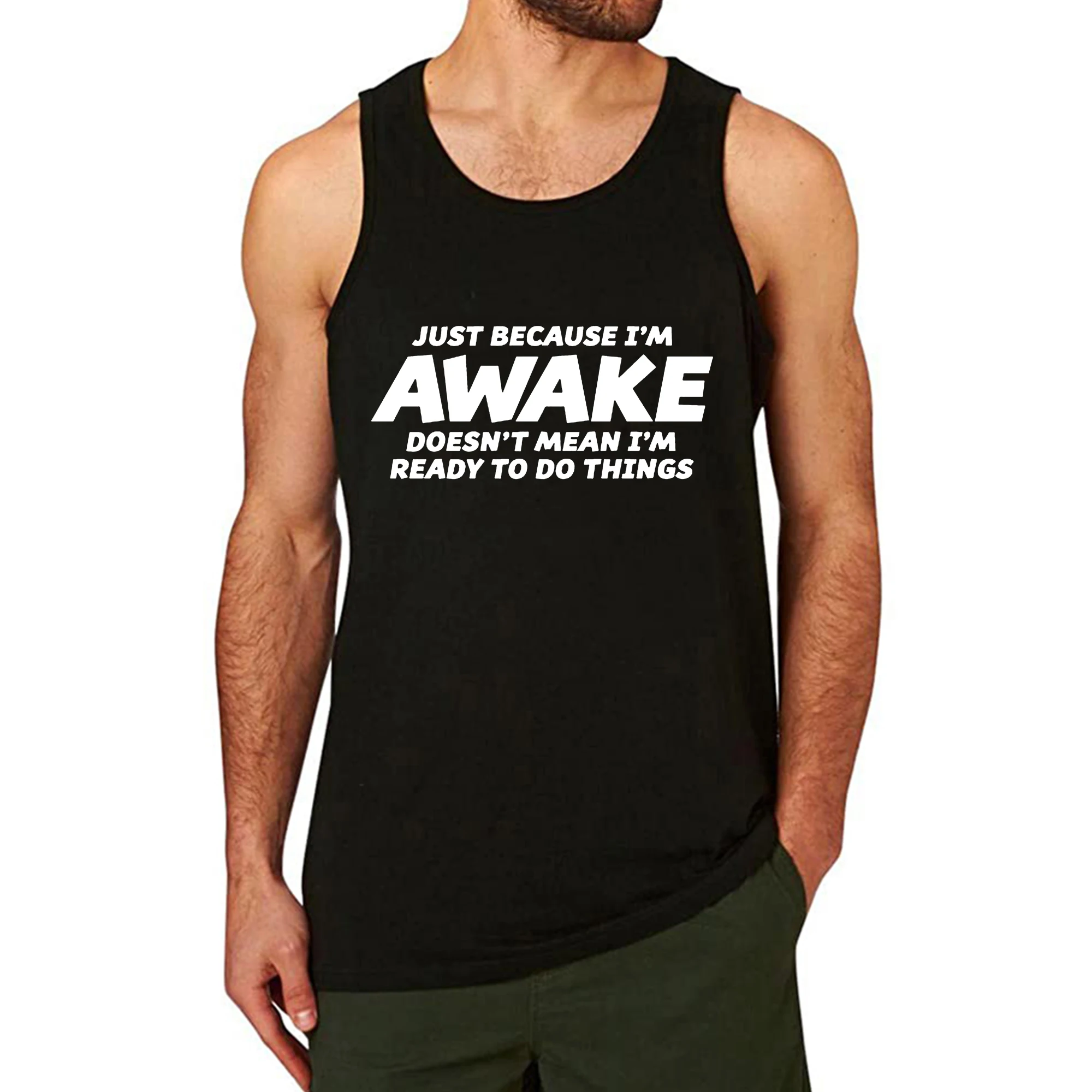 

Lyprerazy Men's JUST BECAUSE I'M AWAKE Workout Gym Funny Printed Tank Top