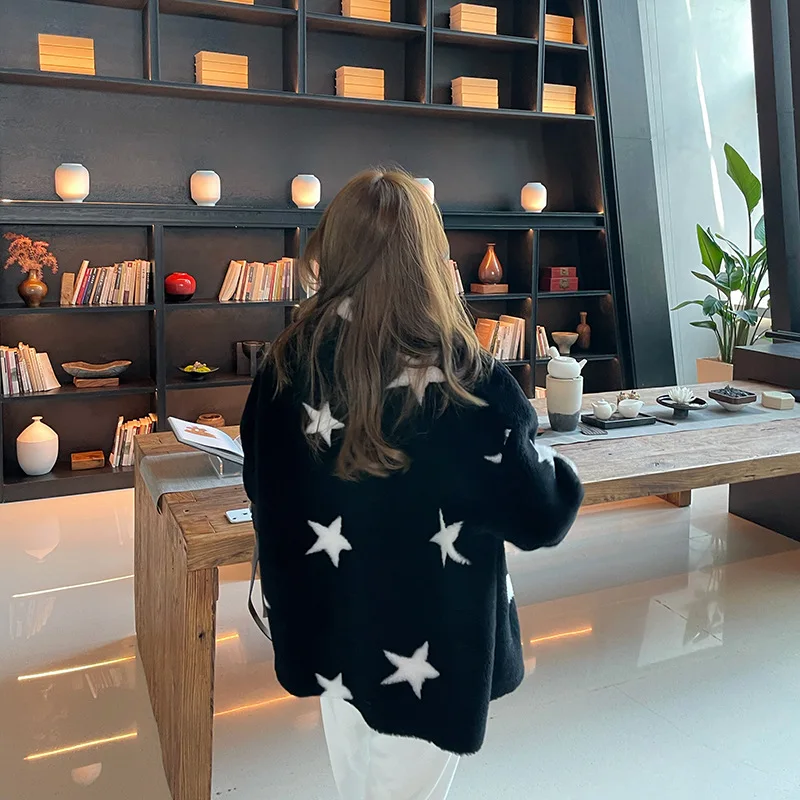

Real Sheep Shearing Fur Pentagram Coats Jackets Female Women's Granular Wool Loose Overcoats V-Neck Collar Thick Outwear