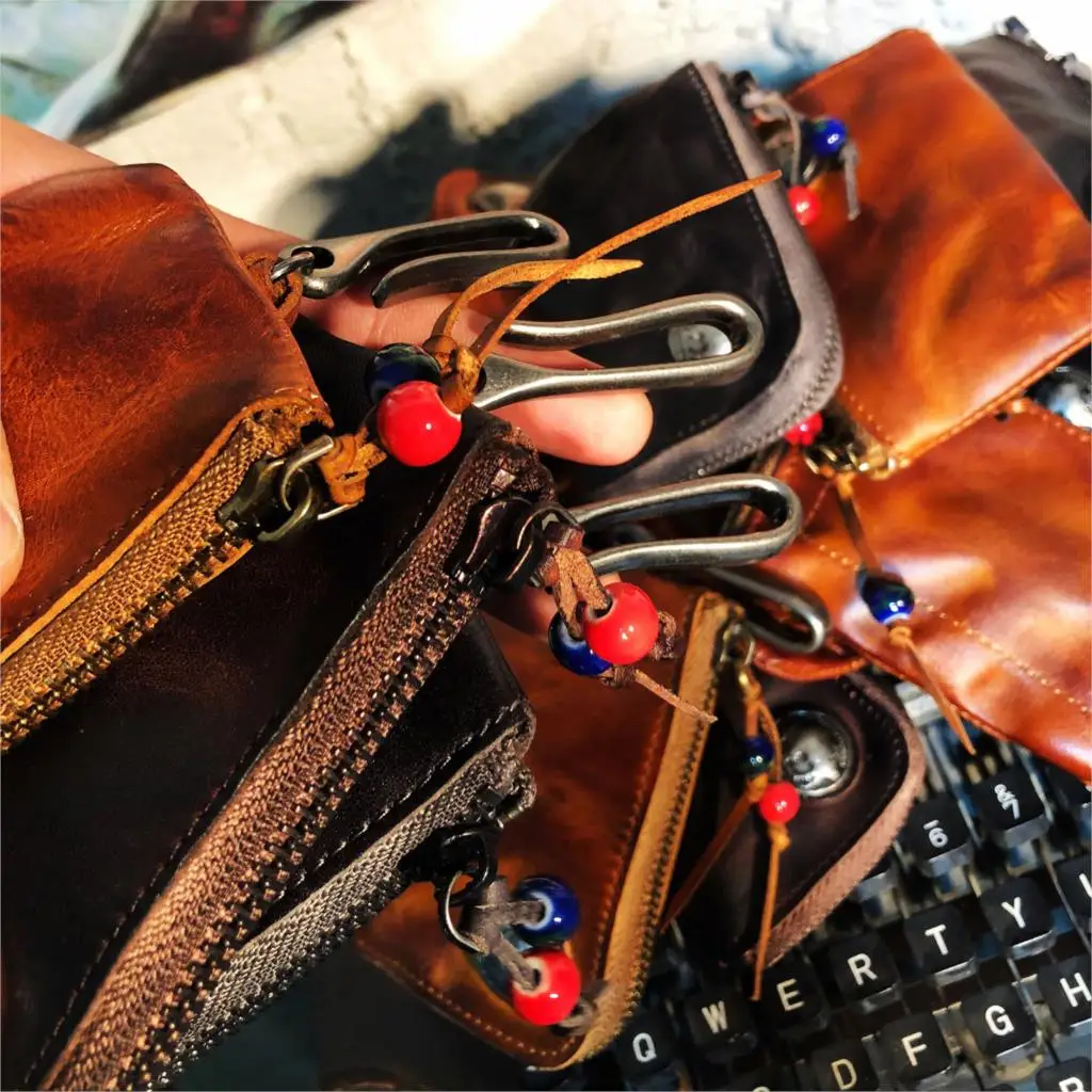 

Hand make vintage genuine Key case vegetable tanning cow leather Coin Purse do old zipper small bags