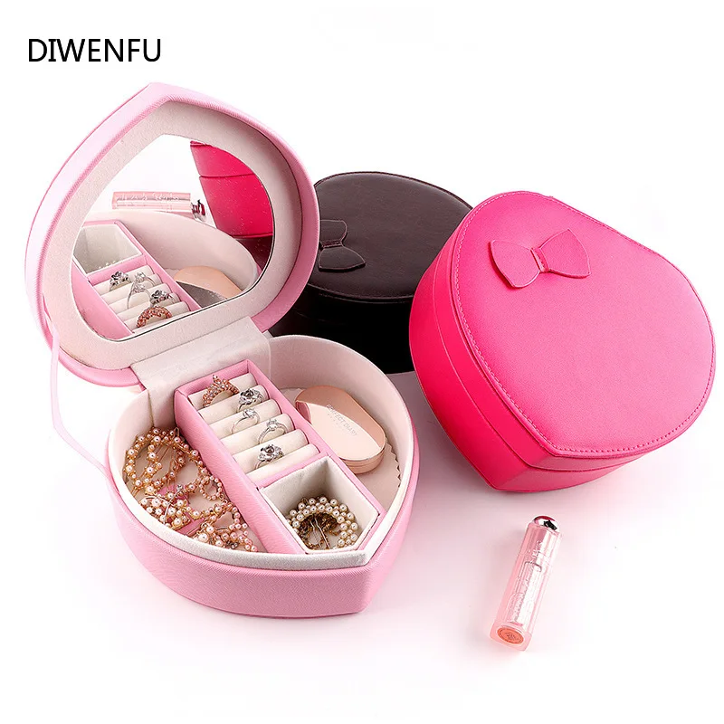 

Fine Pink Heart Jewlery Box with Mirror Ring Earring Pendants Multifunction Jewelry Packaging Romantic Wedding Jewelry Organizer