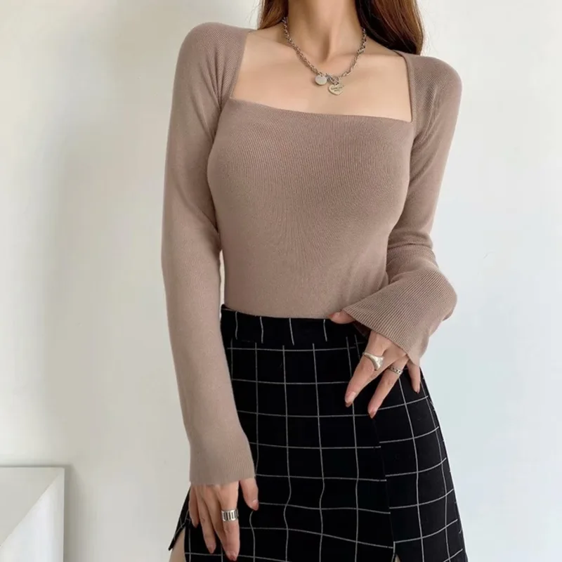 

Women Square Neck Plain Design Jumper Slim Fit Long Sleeved Knit Top Y034