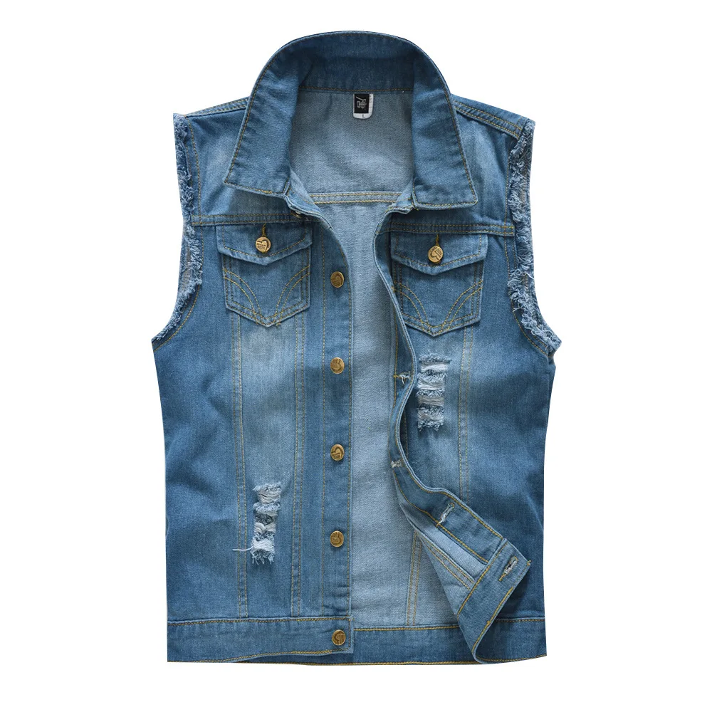 Button Coats Men's Ripped Vest and Jacket Casual Denim Vests Men Retro Sleeveless Slim Fit Male Jeans Tank Top Plus Size Fashion