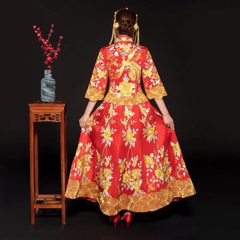 Traje da Noiva do Vintage Vermelho Bordado Estilo Formal Vestido Royal Phoenix Casamento Cheongsam Chinês Tradicional Tang Terno Qipao