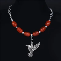 bohemian hummingbird red natural stone stainless steel chocker necklaces women silver color necklaces jewelry collier n925s04