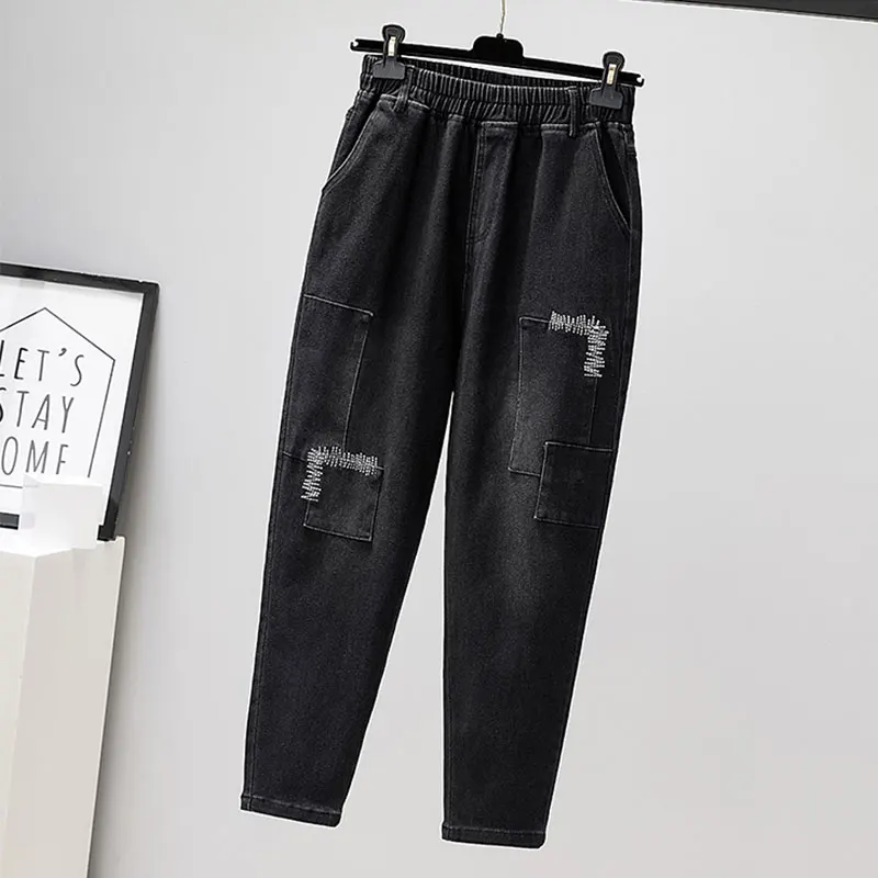 

Autumn New Arts Style Plus Size Women Jeans Vintage Embroidery Patchwork Loose Black Jeans cotton Denim Harem Pants M663