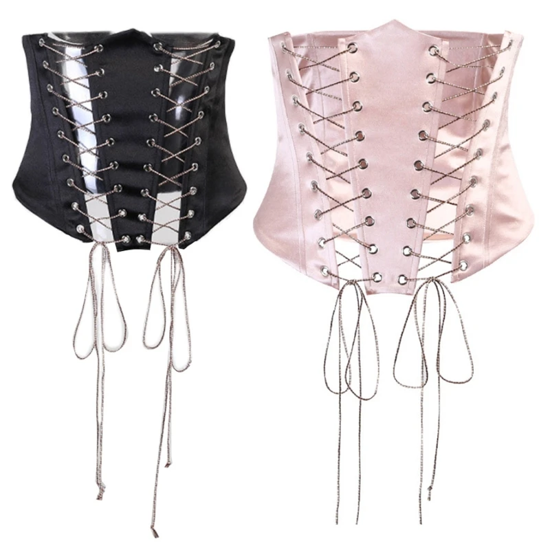 

Women Vintage Satin Velvet Corset Crop Top Criss Cross Lace-Up Underbust Bustier Cincher Solid Color Waist Belt Girdle Body for