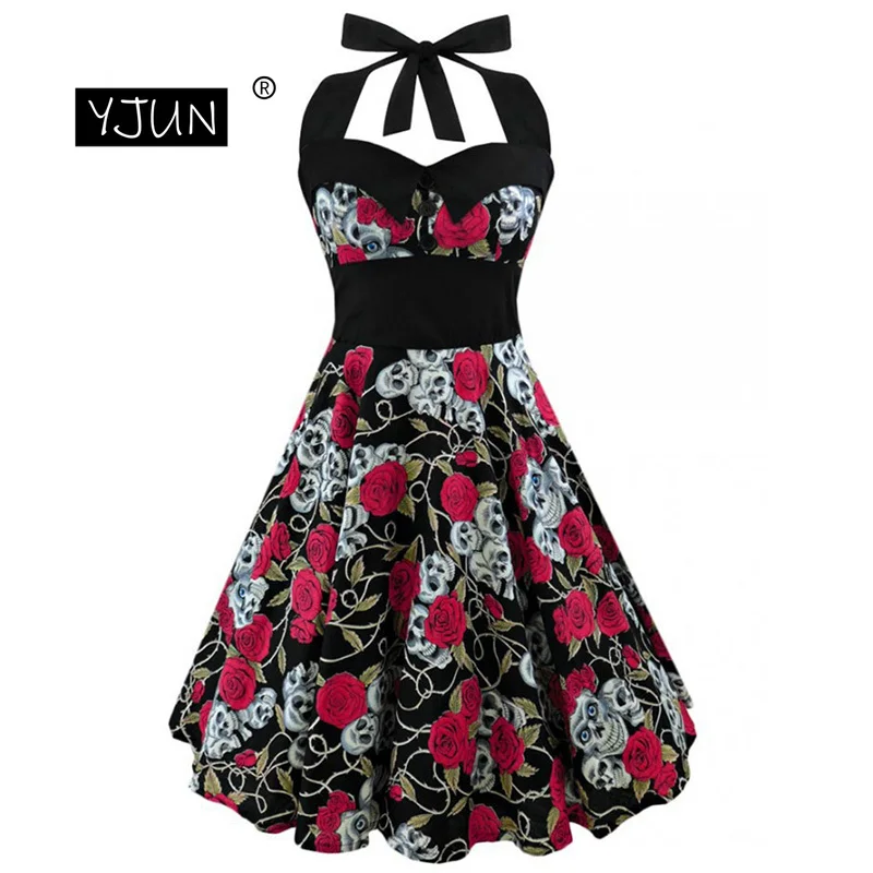 Женское платье 5XL размера плюс с цветочным принтом черепом и открытыми плечами