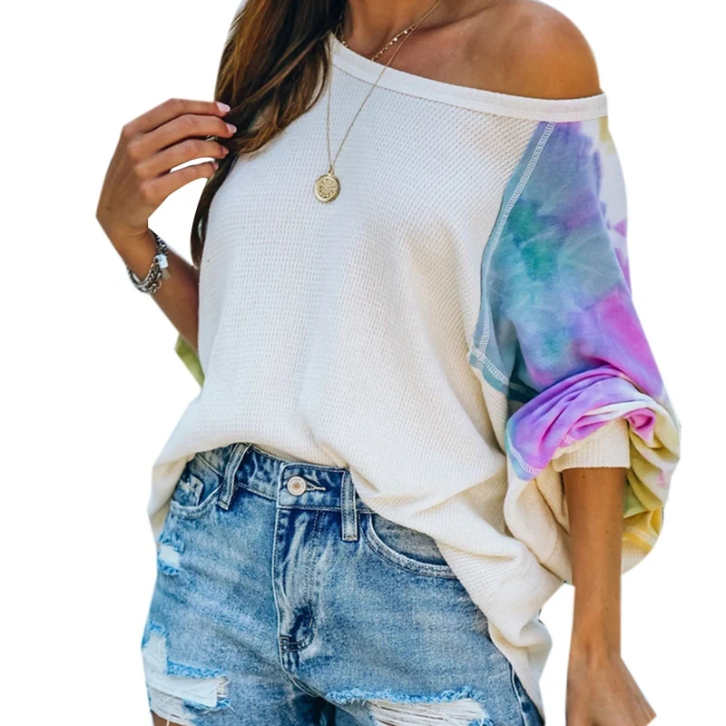 

Новая летняя модная женская Свободная футболка с горизонтальной горловиной и рукавом «летучая мышь», свободная женская футболка с длинным ...