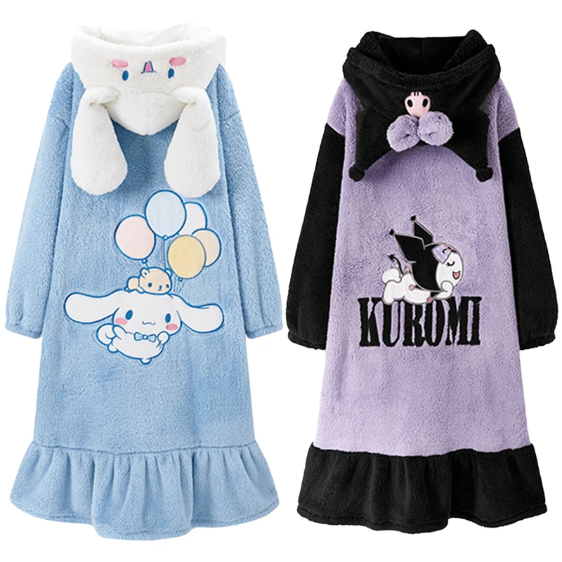 

Lovely Kawaii Kuromi MyMelody Cinnamorol Nightgown Winter Coral Velvet Home Clothes Autumn Winter Nightgown Women's Winter