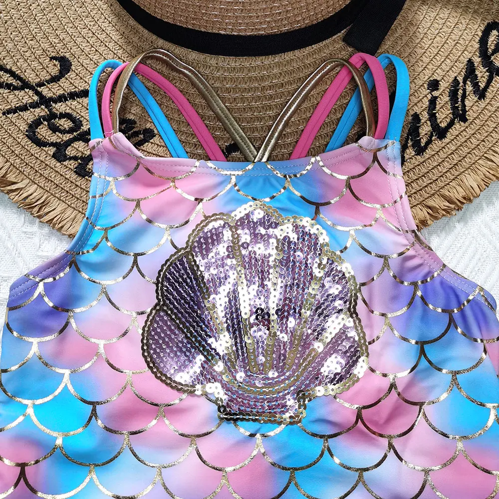 Женский слитный купальник с ракушками-фестонами и блестками детский пляжная