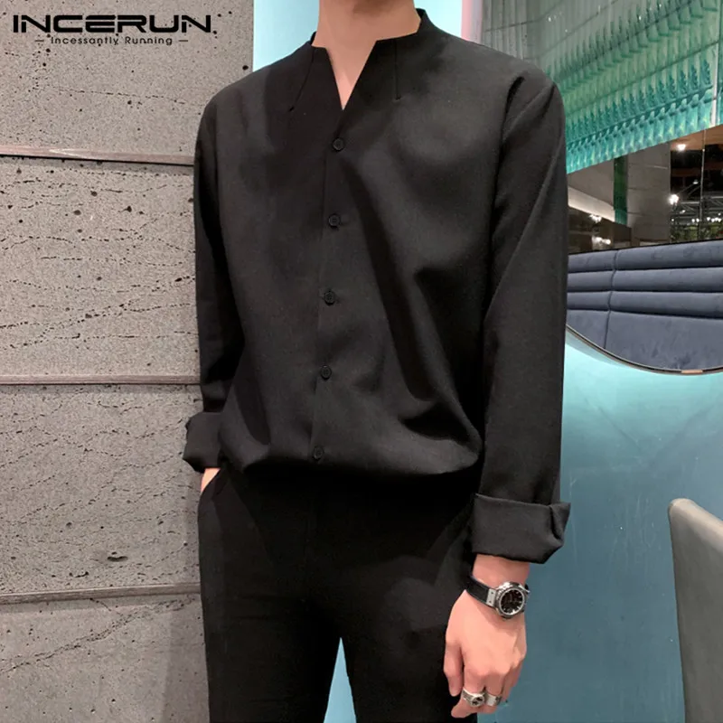 INCERUN Fashion Men Brand Shirt Solid Long Sleeve V Neck Chic Button Casual Blouse 2022 Streetwear Korean Style Shirts Camisas