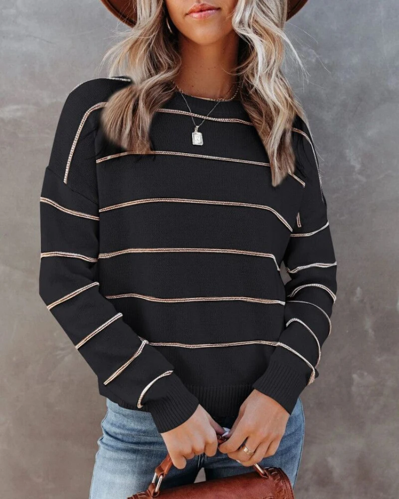

Женский Осенний Повседневный пуловер в полоску с круглым вырезом и длинным рукавом