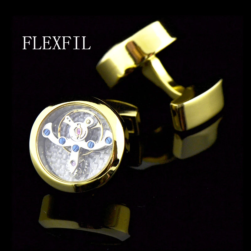 

FLEXFIL jewelry fashion brand of shirts cufflinks gold movement cufflink wedding button male high quality free shipping