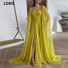LORIE 2021 Elegant Citrine Yellow Silk Chiffon Prom Dresses With Long Cape A Line Sweetheart Pleats a leg slit Evening Gowns (2)