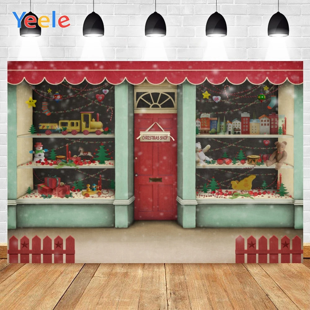 

Yeele Merry Christmas Shop Cute Toy Bears candy Balls Trees And Gifts Background Photography Backdrops for Decor Customized Size