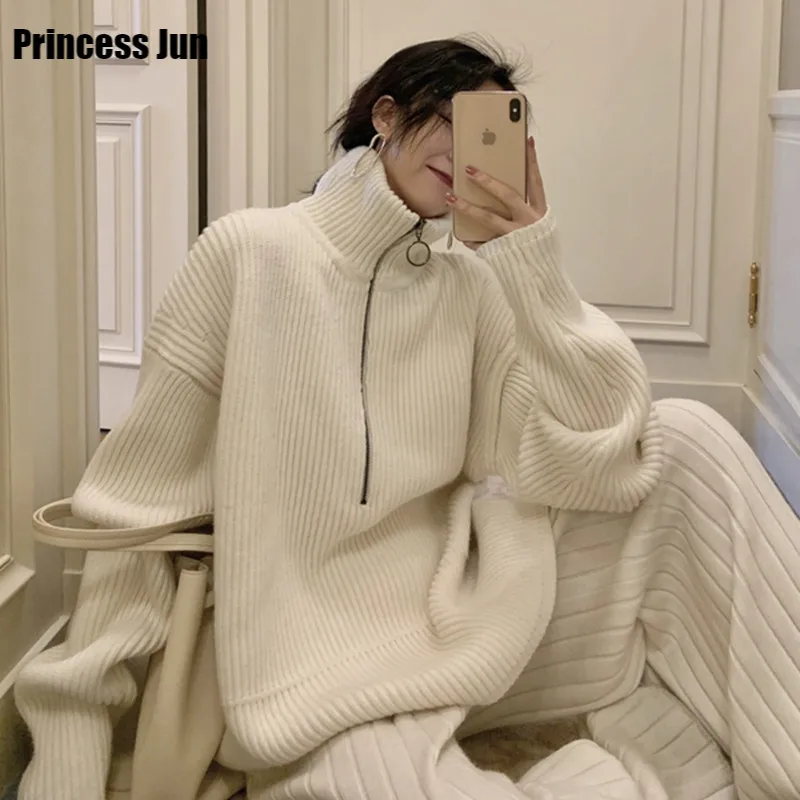 

Women 2021 Two Piece Knit Tracksuits Turtleneck Zipper Front Loose Sweater&High Waist Wid Leg Pants Sets Outfits 2Pc Pants Suits