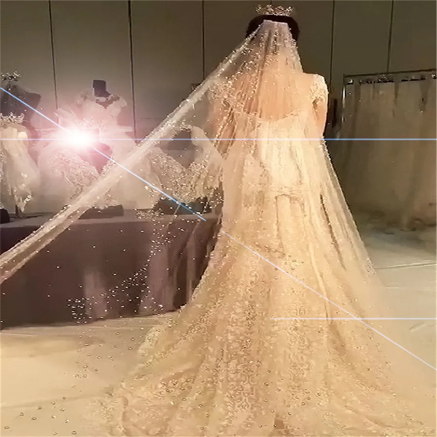 

Bling Bling Pearls Rhinestone Beaded Women Wedding Veils Long Cathedral 3.5M Korea Bride Headpieces With Comb Bride Accessory