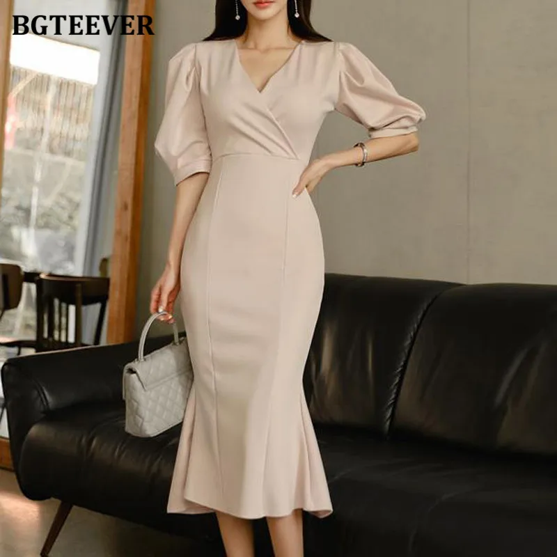BGTEEVER Vintage Puff-sleeve V-neck Long Women Dress Elegant Slim Waist Female Mermaid 2021 Party Trumpet vestidos femme | Женская