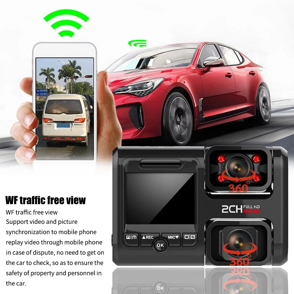 HD wifi Автомобильная камера видеорегистратор парковки с двумя объективами 360 градусов рекордер видео черный Мини пластик ночное видение внутри снаружи