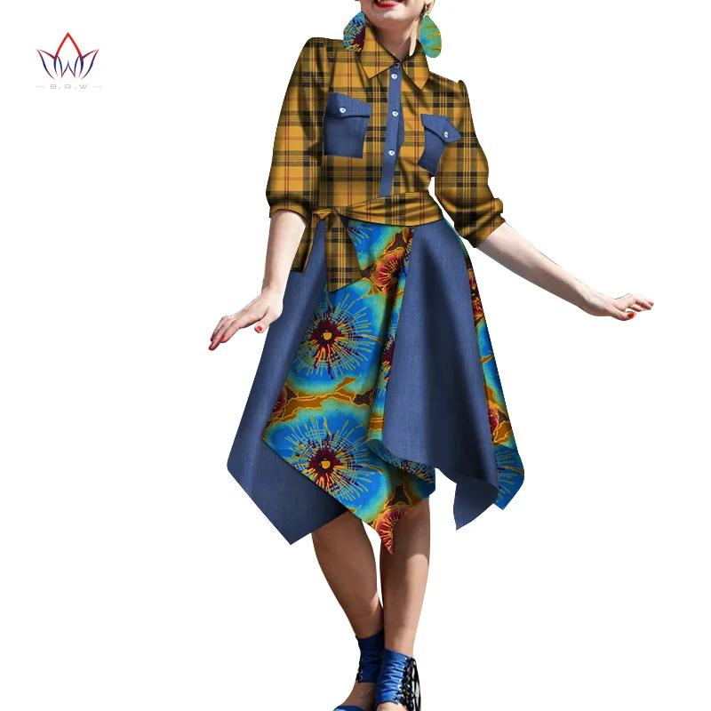 African Women Plaid Shirt Dress Fashion Half Sleeve Earring  African Clothing Dashiki Plus Size Sexy Party Dress WY3142