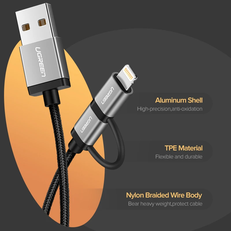 Ugreen 2 в 1 USB кабель для iPhone Pro 11 Max X 8 7 Быстрая зарядка Lightning+ Micro USB кабель для samsung Xiaomi huawei USB шнур