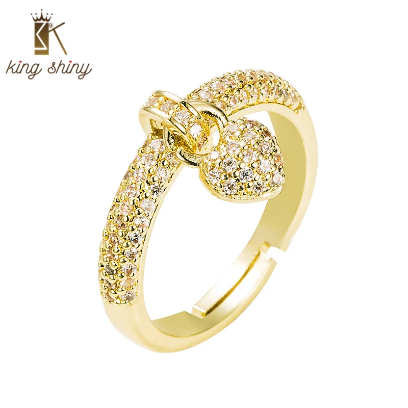 

King Shiny Elegant Gold Color Copper Rings for Woman Charm Heart Love Lock Adjustable Finger Rings Bridal Wedding Party Jewelry