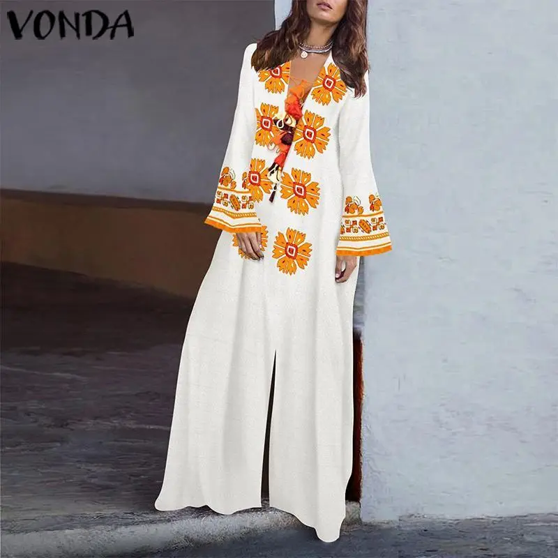 VONDA Bohemian Dress Women'Sundress Vintage Sleeve Print Party Maxi Long Dress Holiday Female Casual Vestido Plus Size