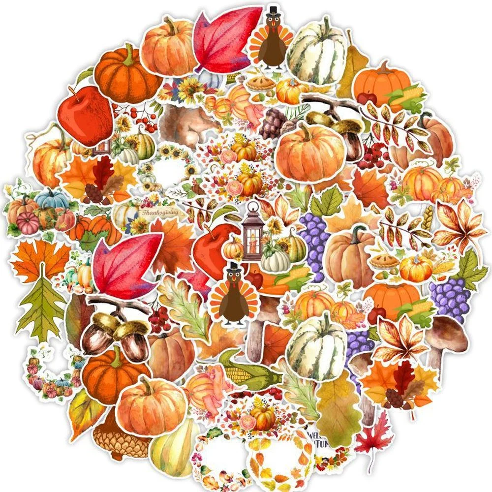 50PCS Thanksgiving Autumn Harvest Pumpkin Maple Leaf Cartoon Cute Graffiti Sticker For Guitar Snowboard Luggage Decal Sticker