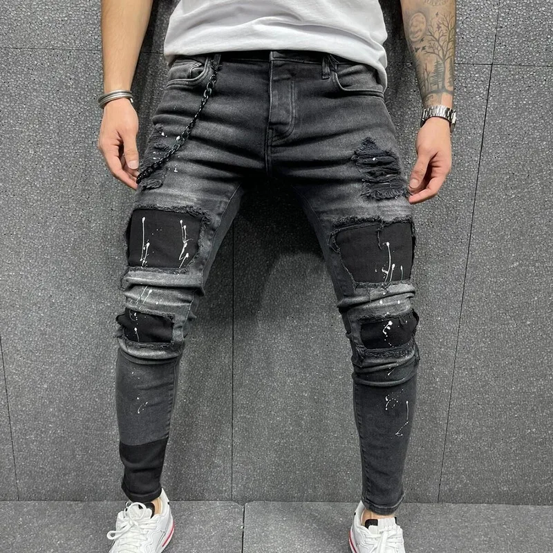 

Men Ripped Skinny Jeans High Quality Black Patchwork Biker Pencil Pants Locomotive Denim Pants Streets Hip Hop Cowboy Trousers