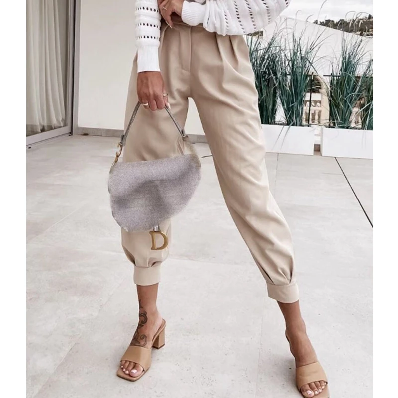 

WEPBEL Ankle-Length Pants Women's Casual Solid Color Pocket Pleated Pants Summer Fashion Button High Waist Loose Harem Pants