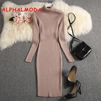 alphalmoda 2019 winter good quality warm turtle neck long sleeved knit dress solid color thick bottom knitting sweater dress