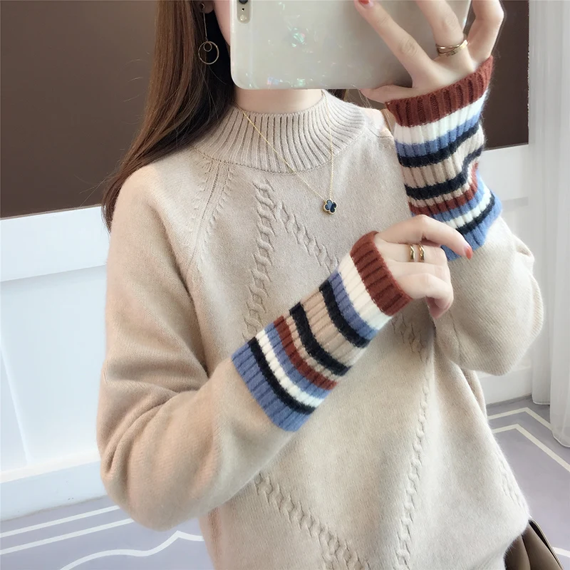 

Small and Fresh Sweaters Women's New Coloured Sleeve Half-high Collar Show Slender and Lazy Wind Knitted Sweaters