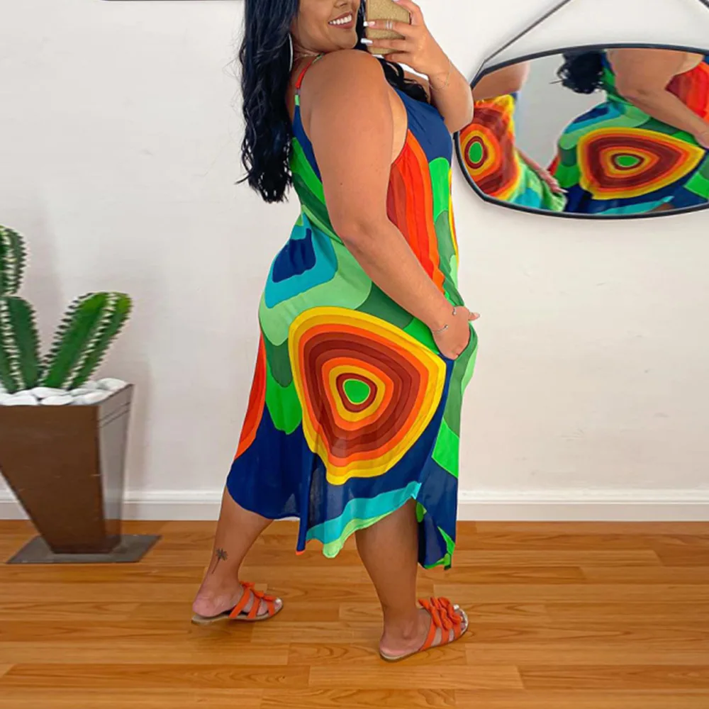 

ChocoMisty-LadyPlus Plus-size Dresses Geometric Print Strappy Midi Dress 1453