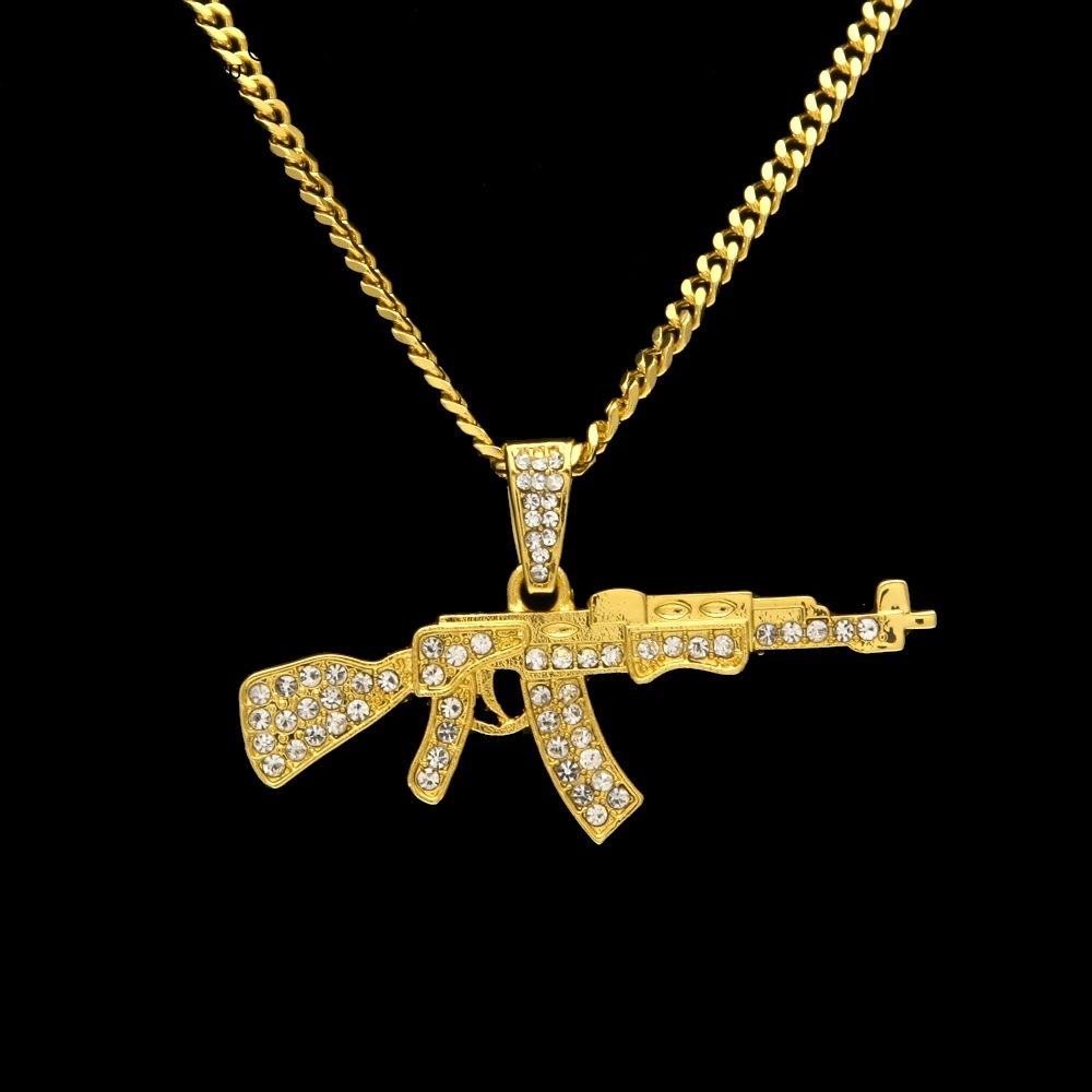 Fashion Punk Hip-Hop Gun Shape Pendant For Women Men Rapper Crystal Rhinestone Chain Necklace Creative Jewelry Colgante Hombre | Украшения