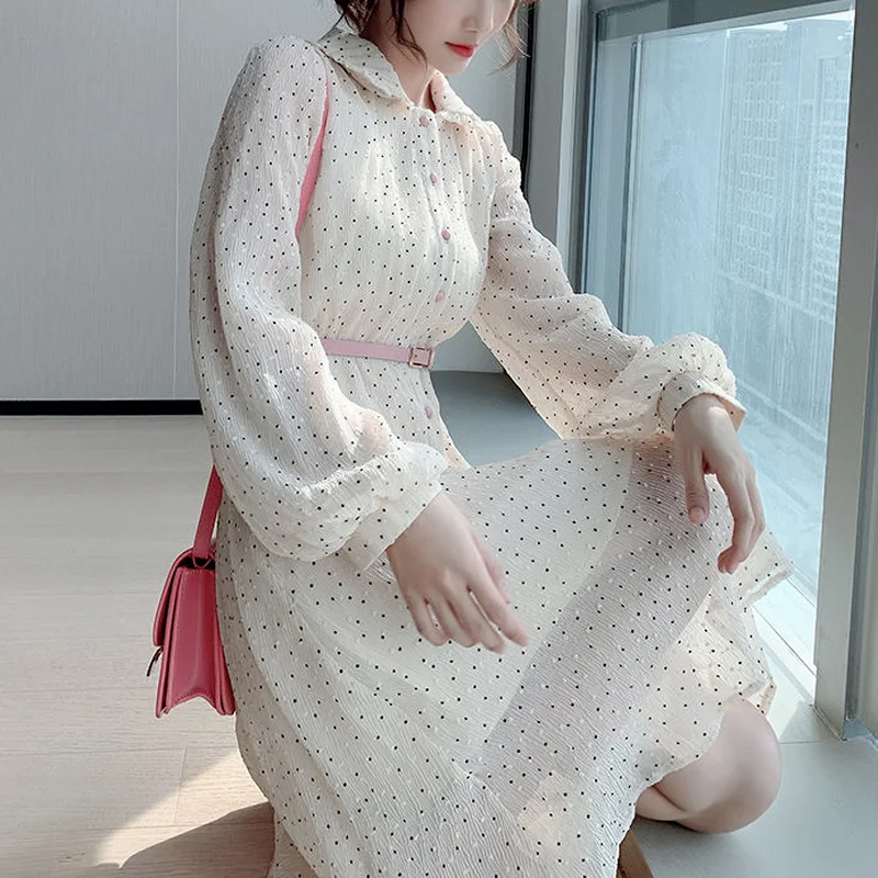 

Elegant Dot Long Dress Women Korean Fashion Vintage Office Lady Long Sleeve Dress Casual Slim Chiffon Dresses for Women 2021 New