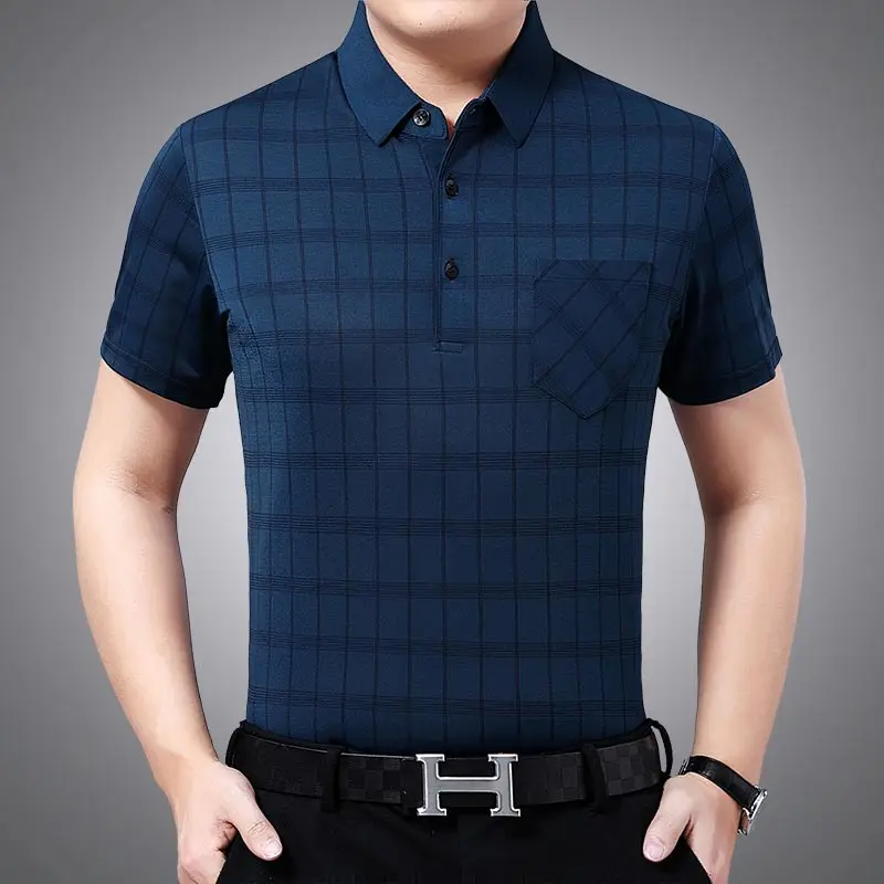 

2021 Summer Short Sleeve Polo Tee Shirt Men Casual Pocket Plaid Men's Clothing Polos Shirts Mens Fashion Slim Fit Poloshirt